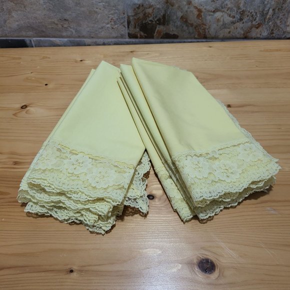 VTG Yellow Cotton Table Napkins Lace Trim Set of 8 - Picture 6 of 13